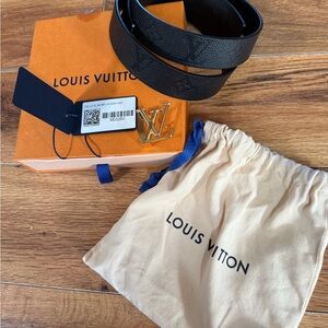 Louis Vuitton Black Leather Belt with Gold Buckle